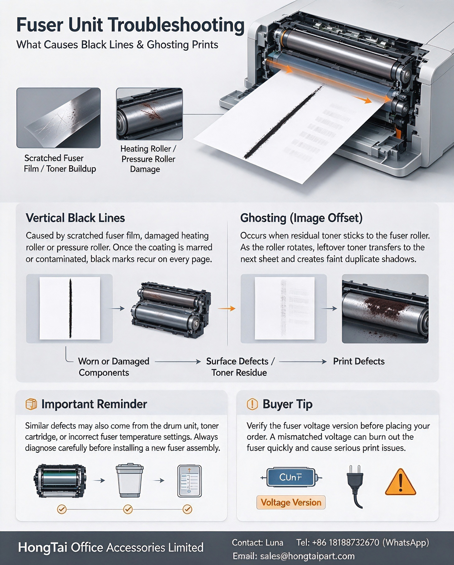 नवीनतम कंपनी ब्लॉग के बारे में Fuser Unit Troubleshooting: What Causes Vertical Black Lines & Ghosting on Laser Prints